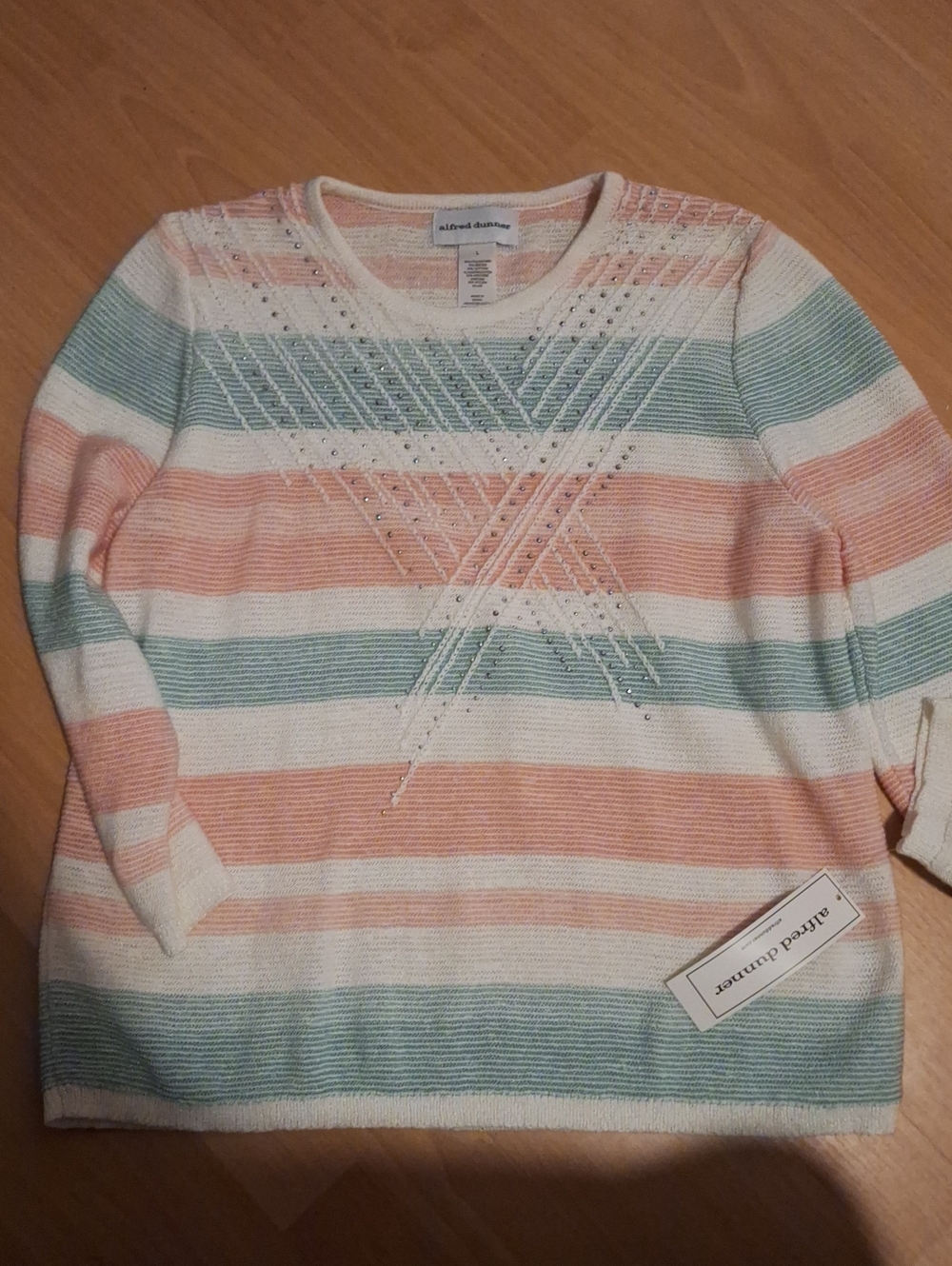 Alfred Dunner Pastel Striped Crewneck Sweater in Mint, Peach & Ivory